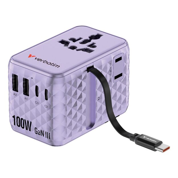 Verbatim - Charge 'n' Travel 100W Universal Travel Adapter with retractable cable Purple