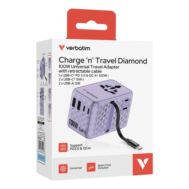 Verbatim - Charge 'n' Travel 100W Universal Travel Adapter with retractable cable Purple
