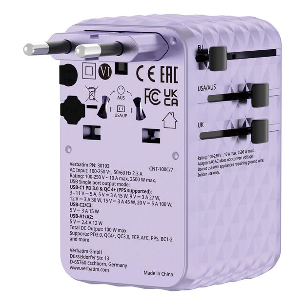 Verbatim - Charge 'n' Travel 100W Universal Travel Adapter with retractable cable Purple