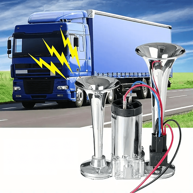 Podwójny Klakson Elektryczny Trąbka Fanfara z Kompresorem 12V 600 dB Głośny 9