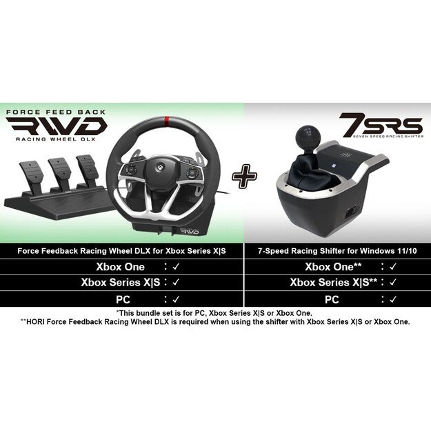 HORI - Force Feedback Racing Wheel DLX+ 7-Speed Racing Shifter Bundle For Xbox Series X - S, Xbox One and PC (Windows 11/10)