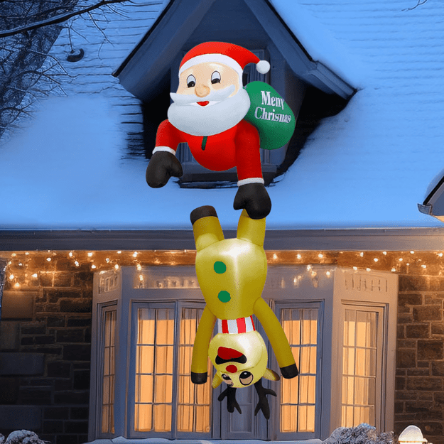 Pripučiamas Kalėdų Senelis su elniais 2,1 m Kalėdų dekoracija su LED apšvietimu