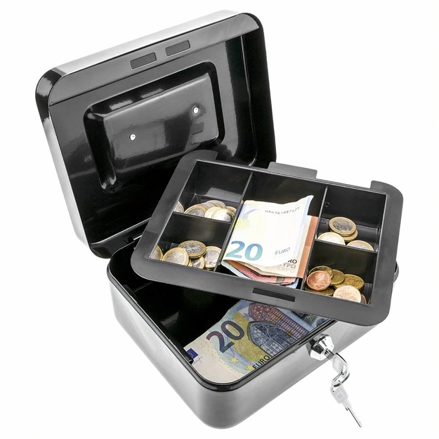 Metallist rahakarp müntide, rahatähtede, dokumentide, seifi ja võtmete jaoks