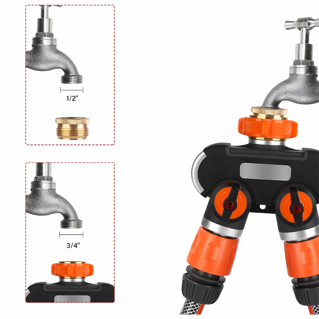Divvirzienu dārza šļūtenes krāna šļūtenes savienotājs ar vārstiem