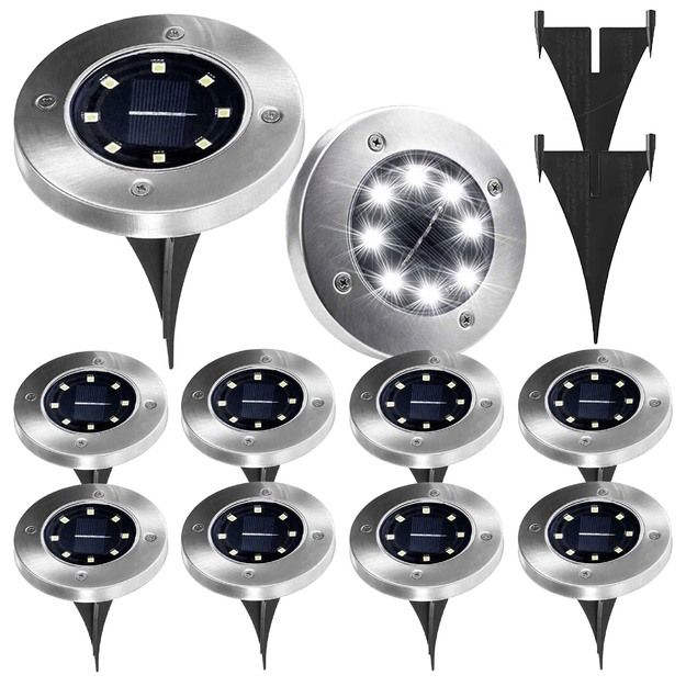 10x Solar Garden Lamp Disc LED Ground Lights Twilight Sensor 8 LEDs