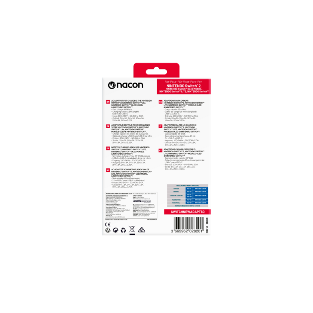 Nacon - 65W AC-adapter til Nintendo Switch II – 65W Ladeeffekt – Aftageligt 1,5 m USB-C Kabel (Sort)