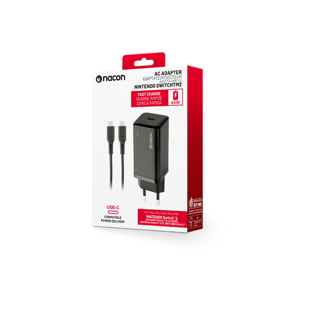 Nacon - 65W AC-adapter til Nintendo Switch II – 65W Ladeeffekt – Aftageligt 1,5 m USB-C Kabel (Sort)