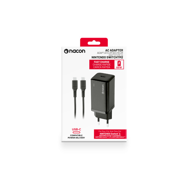 Nacon - 65W AC-adapter til Nintendo Switch II – 65W Ladeeffekt – Aftageligt 1,5 m USB-C Kabel (Sort)
