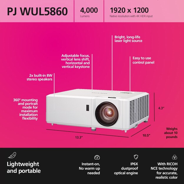 RICOH - Compact Projector PJ WUL5860 29-303'' (4000 Lumen)