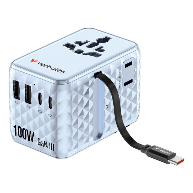 Verbatim - Charge 'n' Travel 100W Universal Travel Adapter with retractable cable Blue