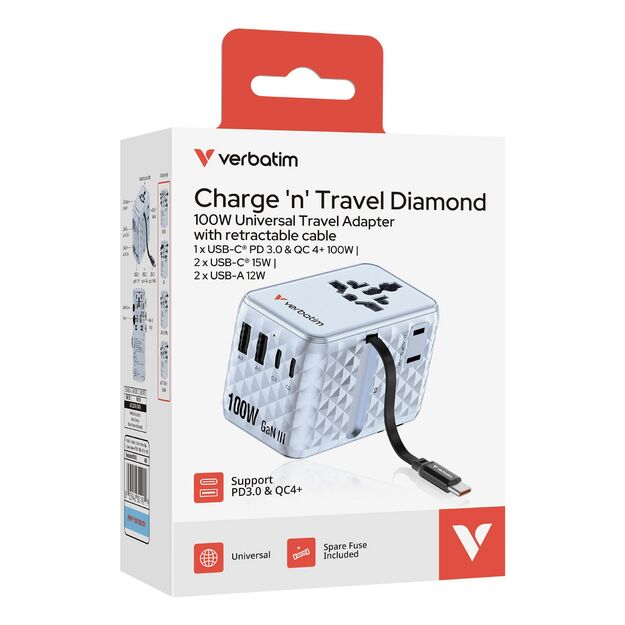 Verbatim - Charge 'n' Travel 100W Universal Travel Adapter with retractable cable Blue