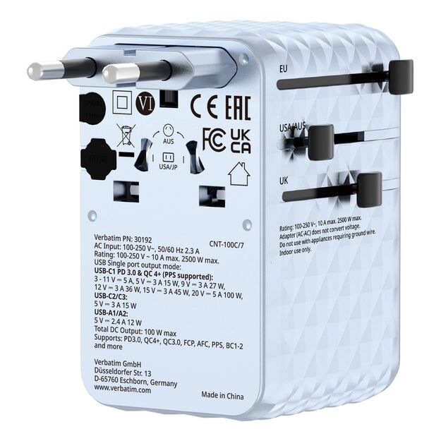 Verbatim - Charge 'n' Travel 100W Universal Travel Adapter with retractable cable Blue