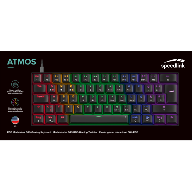 Speedlink - ATMOS RGB Rainbow Mechanical 60% Gaming Keyboard with brown switches, black - US layout