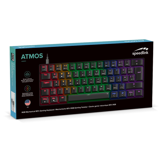 Speedlink - ATMOS RGB Rainbow Mechanical 60% Gaming Keyboard with brown switches, black - US layout