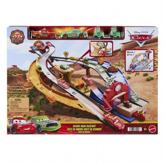 Disney Cars - Radiator Springs Race & Rescue Rescue Road Raceway Playset With 4 Toy Cars (JFL57)