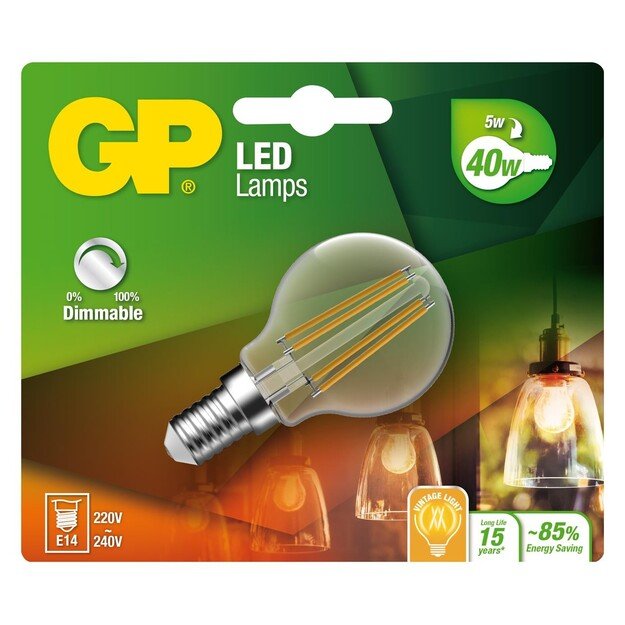 GP LED Lamp Filament Mini Globe, E14, DIM, 5W (40W), 470lm