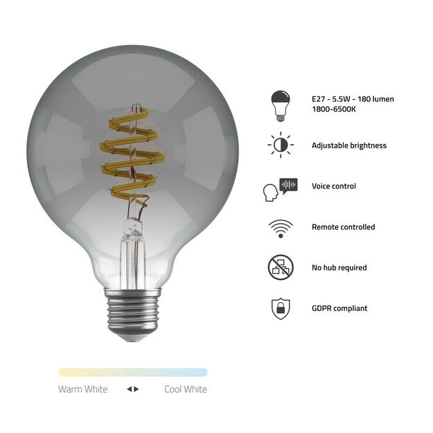 Hombli - Smart Bulb G95 CCT Filament (E27) - Smokey