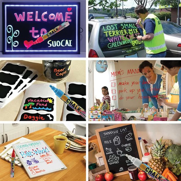 Chalk markers for blackboards, mix of colors, wipe-off markers for windows