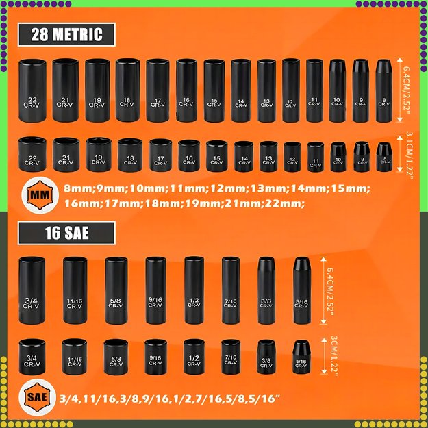 Zestaw Nasadek Udarowych Kluczy Nasadki Udarowe Klucze Nasadowe 3/8 50 Elem 22