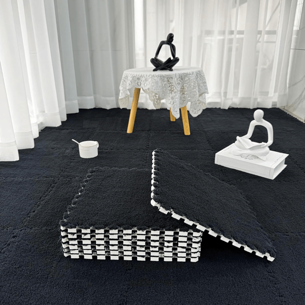 12 x EVA putplasčio dėlionės kilimėliai, pliušiniai, juodi, 30 x 30 cm