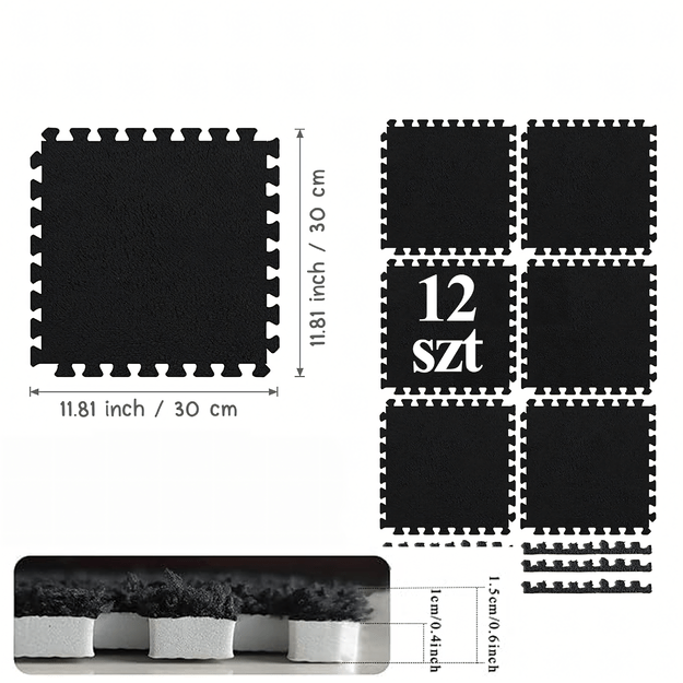 12x Puzzle Piankowe EVA Mata Pluszowa Dywan Podłogowa Czarne 30x30cm 20