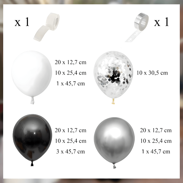 Girlanda Balonowa Zestaw Balonów na Urodziny Czarne Srebrne Białe 107 ele 17