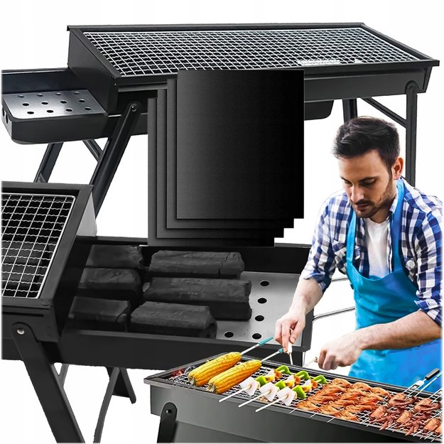 GRILL WĘGLOWY TURYSTYCZNY SKŁADANY PRZENOŚNY OGRODOWY + 4 x MATA TEFLONOWA 34