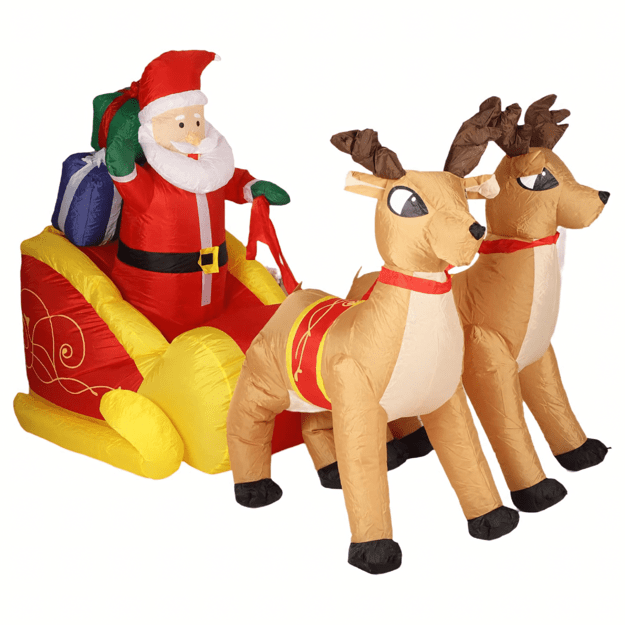 Pripučiamas Kalėdų Senelis 2,2 m ant rogių, elnio formos kalėdinė dekoracija, didelė