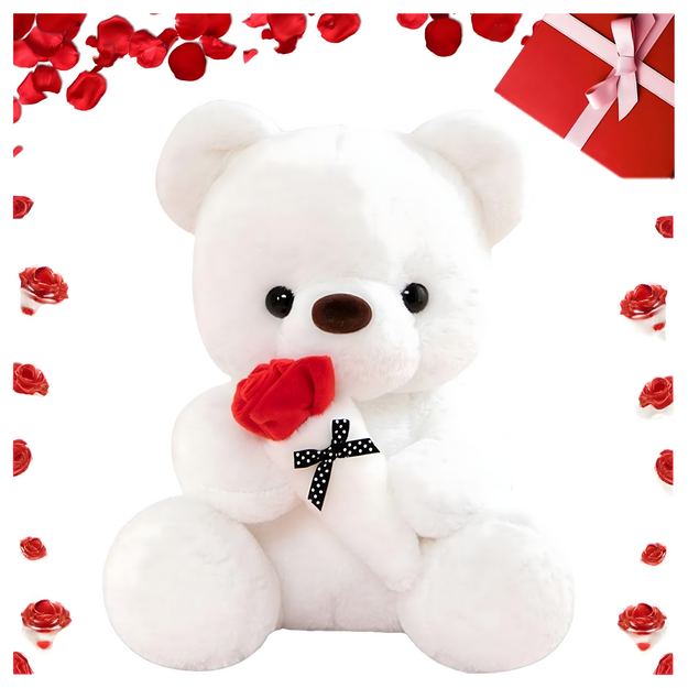 Plīša Balts Lācītis Meitenēm 32 cm Sarkana Roze ar Bantīti Dāvana