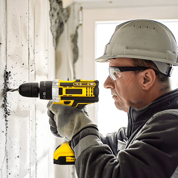 Smūginis gręžtuvas, belaidis atsuktuvas, dėklas, 2 akumuliatoriai, LED