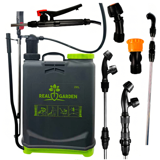 20 litru spiediena mugursomas tipa dārza smidzinātājs + spole + sprauslas