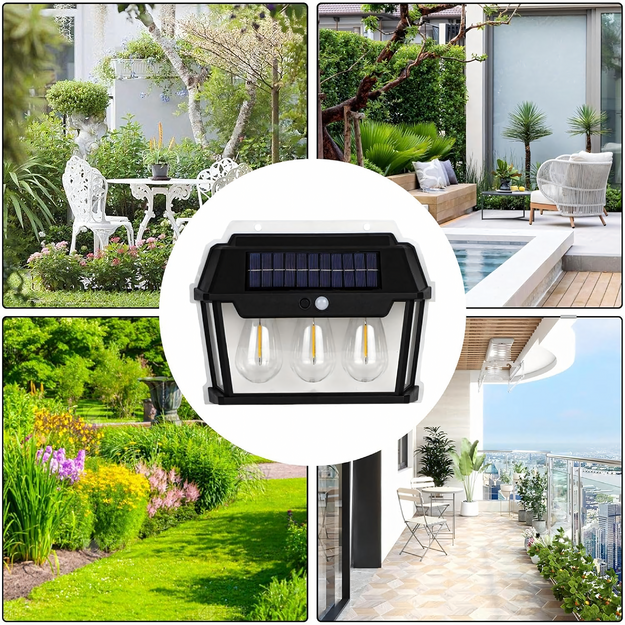 Trīskārša saules LED dārza sienas lampa ar kustības sensoru