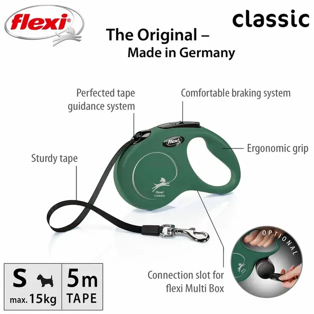 Flexi - Koppel New Classic - S - 5m Band - Olive - Max 15kg