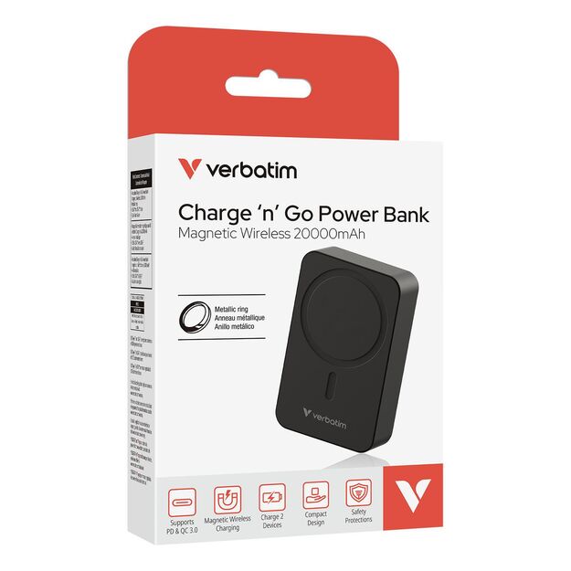 Verbatim - Charge ´n´ Go Essentials Power Bank Magnetic Wireless 20000 mAh Black