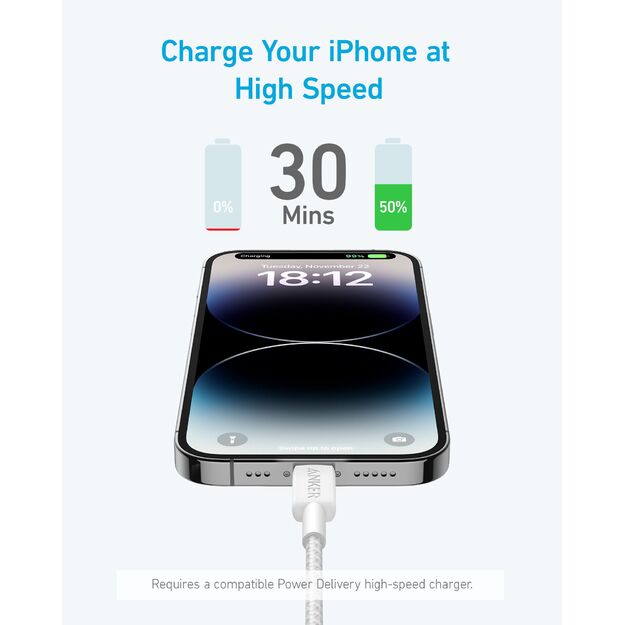 ANKER 322 USB-C TO LIGHTNING CABLE (6FT BRAIDED) - WHITE