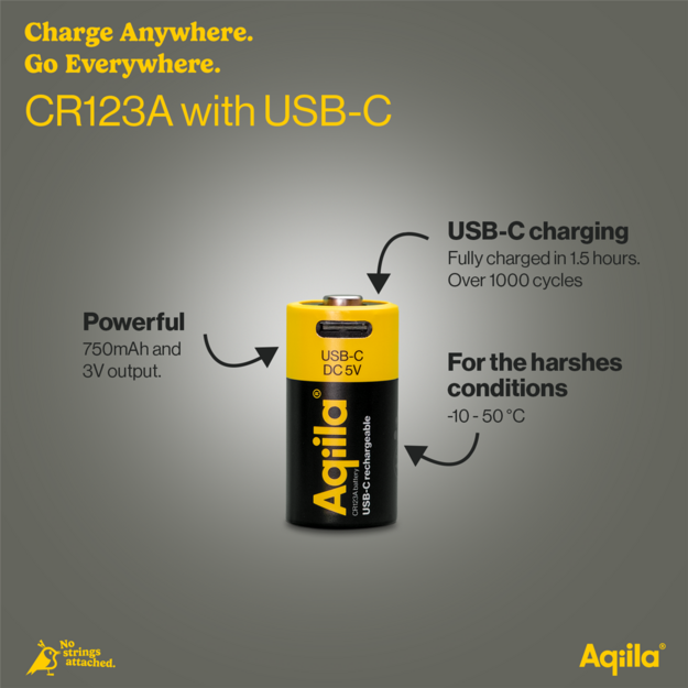 Aqiila - USB-C Rechargeable Battery - Size CR123A - 750 mAh - 2-pack