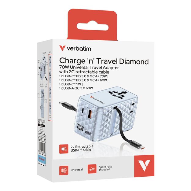 Verbatim - Charge 'n' Travel 70W 2C retractable Universal Travel Adapter Blue