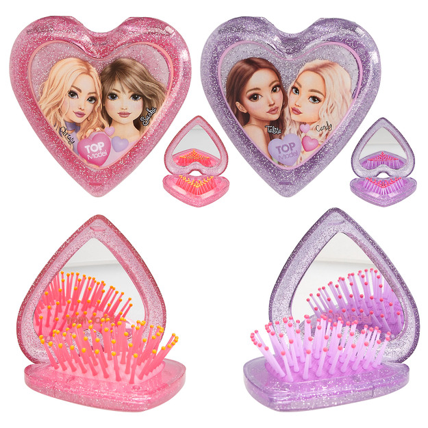 Topmodel - TOPModel Folding Hairbrush with Mirror - Heart Shaped - Transparent Pink and Purple (0413030)