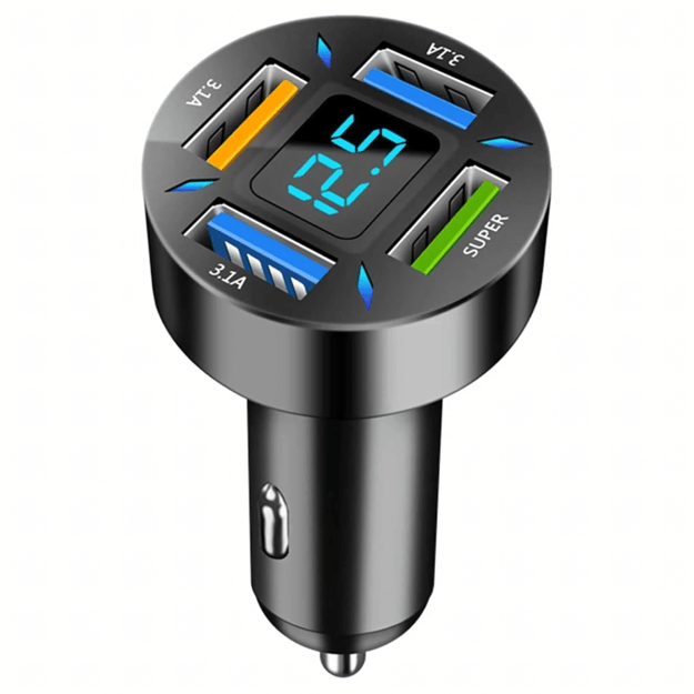 Greitas, galingas 3,1 A automobilinis įkroviklis su LED LCD ekranu, 4 x USB, 66 W greitas įkrovimas