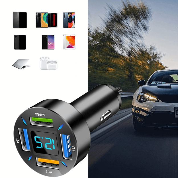 Szybka Mocna Ładowarka 3.1A Samochodowa Led LCD 4 x Usb 66W Quick Charge 6