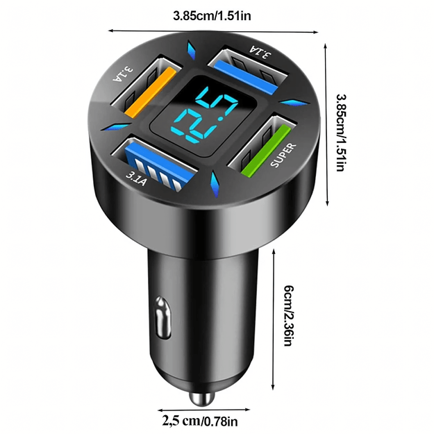 Szybka Mocna Ładowarka 3.1A Samochodowa Led LCD 4 x Usb 66W Quick Charge 5