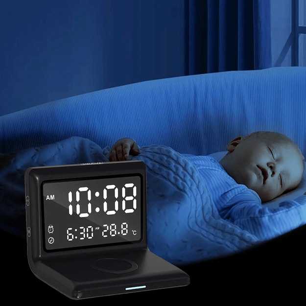 3w1 Zegar Budzik Cyfrowy Bezprzewodowa Ładowarka 15W Temperatura Lustro 10