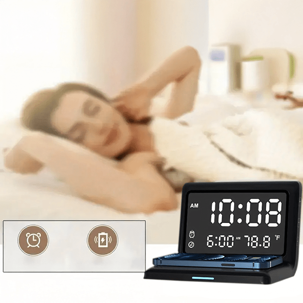 3w1 Zegar Budzik Cyfrowy Bezprzewodowa Ładowarka 15W Temperatura Lustro 7