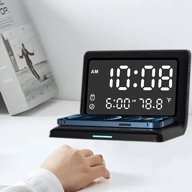 3w1 Zegar Budzik Cyfrowy Bezprzewodowa Ładowarka 15W Temperatura Lustro 14