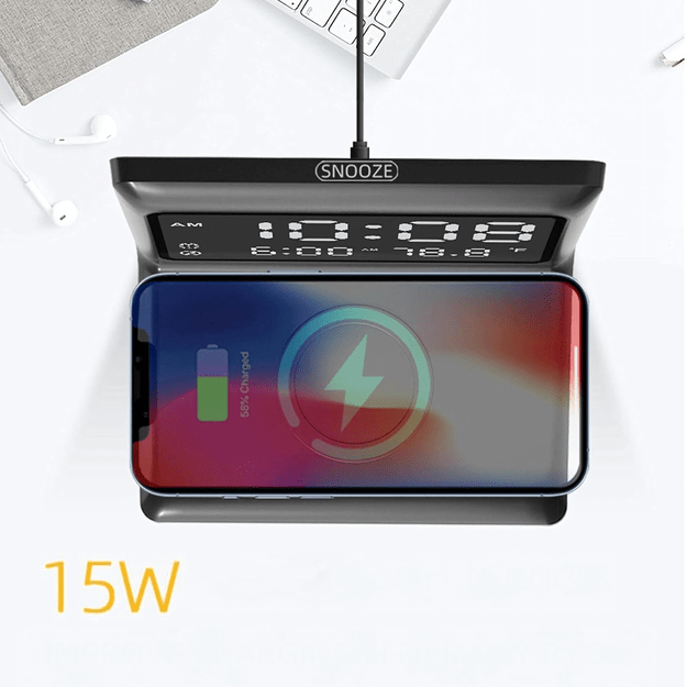 3w1 Zegar Budzik Cyfrowy Bezprzewodowa Ładowarka 15W Temperatura Lustro 8