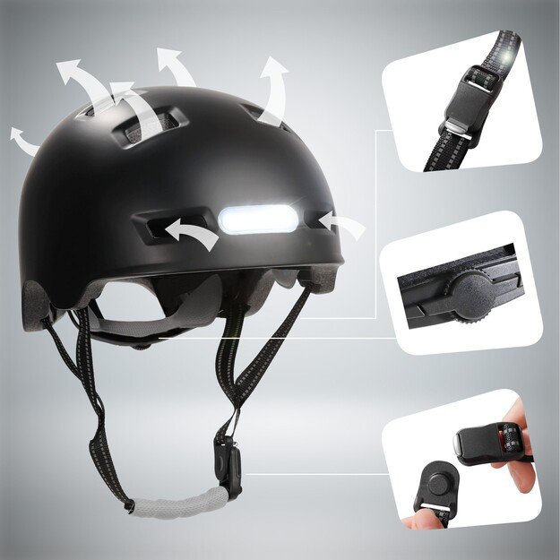 Crazy Safety - Urban Bicycle and Skater Helmet with Front and Rear Lights - Black - L (57-61cm)