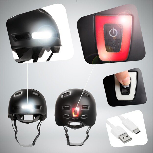 Crazy Safety - Urban Bicycle and Skater Helmet with Front and Rear Lights - Black - L (57-61cm)