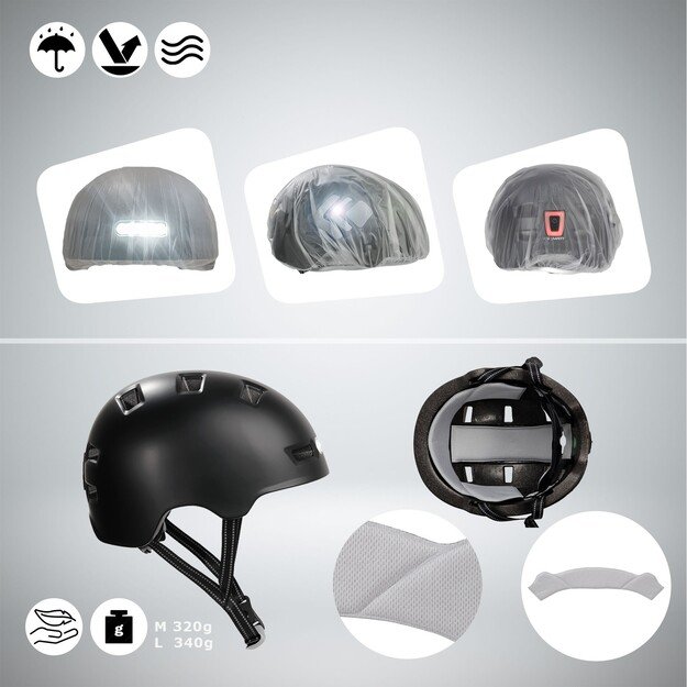 Crazy Safety - Urban Bicycle and Skater Helmet with Front and Rear Lights - Black - L (57-61cm)