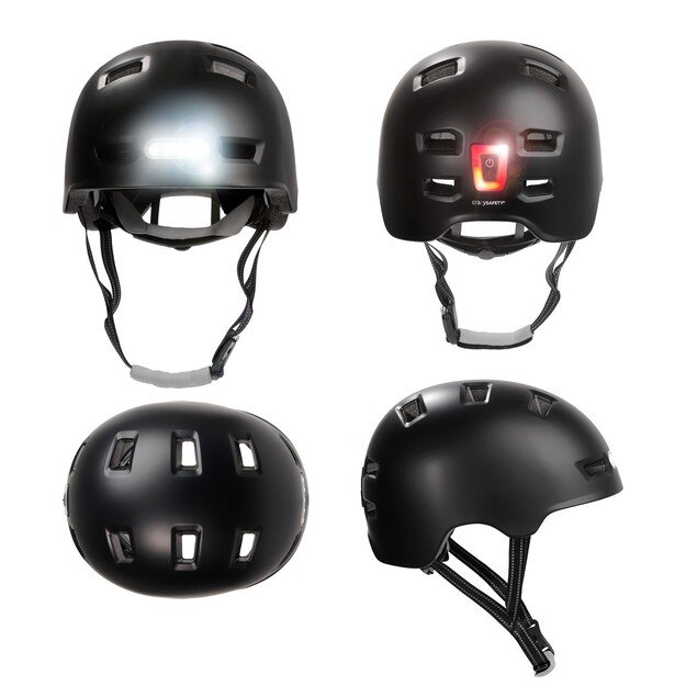 Crazy Safety - Urban Bicycle and Skater Helmet with Front and Rear Lights - Black - L (57-61cm)