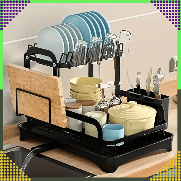 Indų džiovyklė su kriaukle, dviejų pakopų, juoda, didelė, XXL